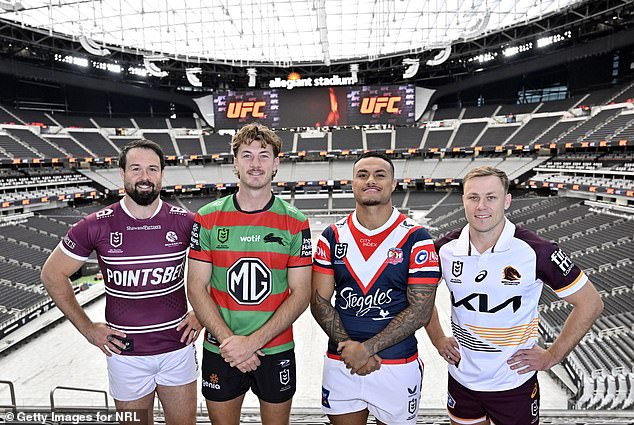 The footy boss spoke about the NRL's $420 million expansion war chest after reaching Vegas for the Code double header (pictured left to right, stars Aaron Woods, Campbell Graham, Spencer Leniu and Bill Walters at Allegiant Stadium in Vegas)