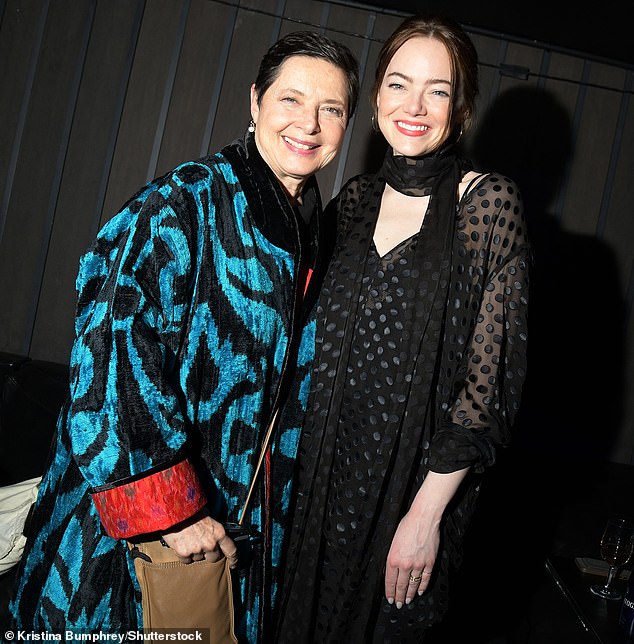 Blue Velvet star Isabella Rossellini, 71, looked stunning in a vibrantly colored robe as she arrived at the screening (pictured with Emma at the after-party)