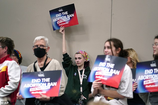 Senators in Missouri voted earlier this month against changing the state's strict law against abortions to allow exceptions in cases of rape and incest.  The state banned nearly all abortions after the Supreme Court overturned Roe v. Wade in 2022.  Abortions are currently only legal 'in the event of a medical emergency'.  Pictured: Activists at the start of the Missourians for Constitutionals Freedom petition drive on February 6