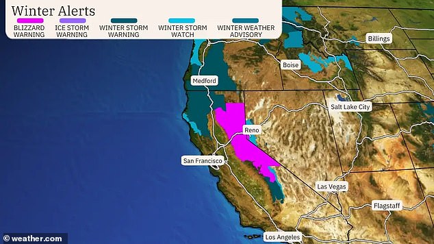 More severe impacts will be seen in California's Sierra Nevada mountains, which will experience snowstorms