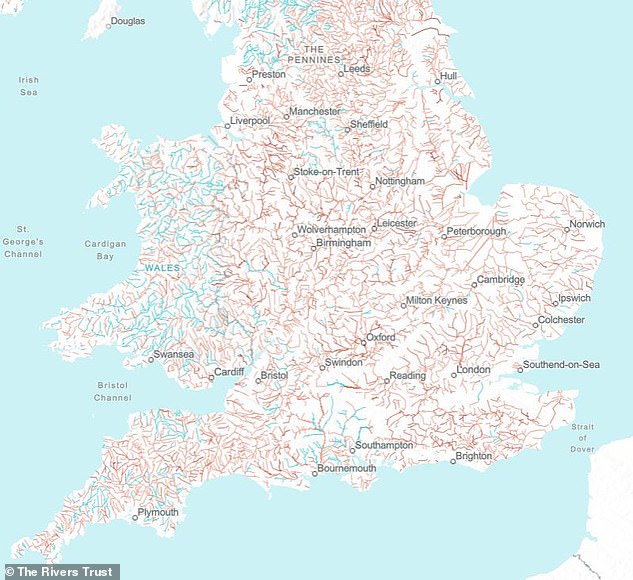 The waterways marked in red all do not score well or high in terms of environmental health.  Areas around London and the Midlands all score poorly, while Wales has much healthier waterways