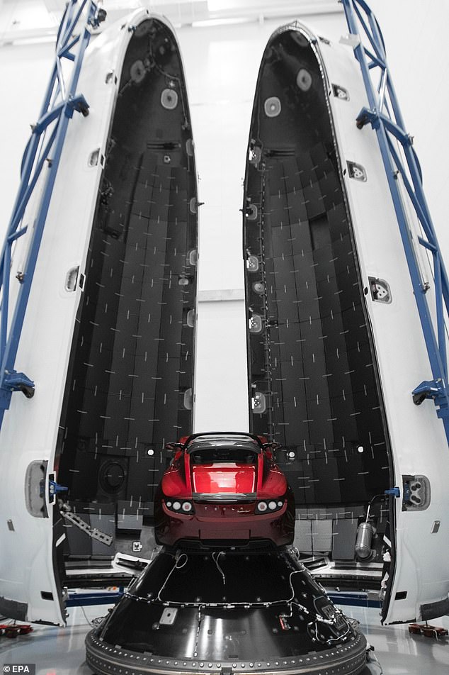 The Tesla Roadster concept shown in January 2018 - a month before it was blasted into orbit aboard the SpaceX Falcon Heavy rocket