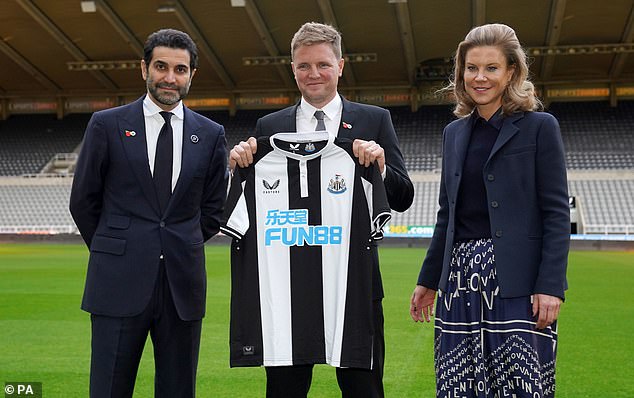 Staveley (pictured with husband and Newcastle co-owner Mehrdad Ghoudoussi - left) is disputing claims she owes Restis the £37m and hopes to have the 'legal demand' set aside