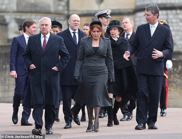 Behind Prince Andrew was Sarah, Duchess of York, followed by Vice Admiral Timothy Laurence, Zara and Mike Tindall, and Princess Anne