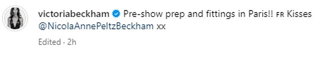 Victoria fueled speculation that Nicola will model her line: 'Prep-show prep and fittings in Paris!!  Kisses @NicolaAnnePeltzBeckham xx'