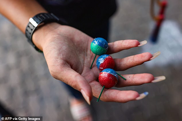 Now local farmers are using homemade 'ping pong bombs' (pictured), bought at roadside markets, to defend their crops – and themselves – from the marauding animals, hoping to scare the mammals away with the mini explosives.