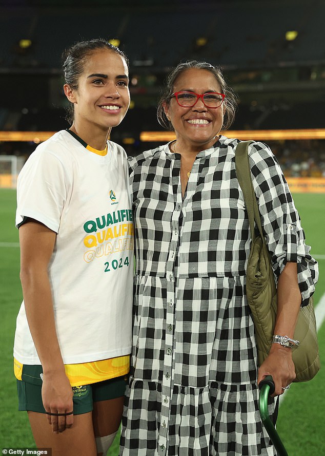 Freeman posed with Matildas star Mary Fowler after the win at Marvel Stadium