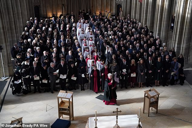 Guests attend a thanksgiving service for the life of King Constantine in Windsor yesterday
