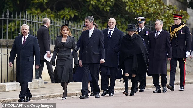 Andrew leads members of the royal family, including the Tindalls, into St. George's Chapel yesterday