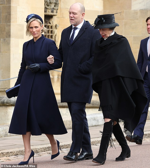 Zara and Mike Tindall and the Princess Royal attended the service at Windsor Castle yesterday