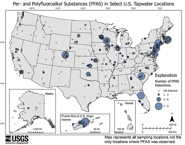 The map compiled by the US Geological Survey shows the number of PFAS or 
