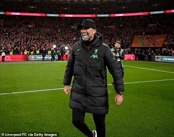 LONDON, ENGLAND - FEBRUARY 25: (THE SUN OUT, THE SUN ON SUNDAY OUT) Liverpool manager Jurgen Klopp celebrates victory at the end of the Carabao Cup final between Chelsea and Liverpool at Wembley Stadium on February 25, 2024 in London , England .  (Photo by Andrew Powell/Liverpool FC via Getty Images)