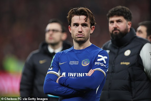 LONDON, ENGLAND – FEBRUARY 25: Chelsea's Ben Chilwell looks dejected at full-time after the team's defeat in the Carabao Cup Final between Chelsea and Liverpool at Wembley Stadium on February 25, 2024 in London, England.  (Photo by Chris Lee - Chelsea FC/Chelsea FC via Getty Images)