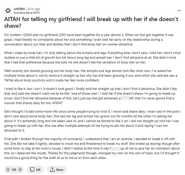 He admitted in his February 27 Reddit post that he had been telling his girlfriend for almost two years that he didn't find her attractive in women