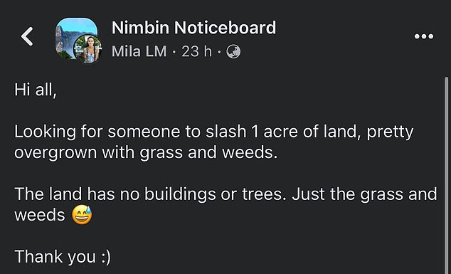 Jamila Lamarre-Condon made a bizarre request online when she asked the group for advice on clearing an acre of bush that was overgrown with grass and weeds (pictured)