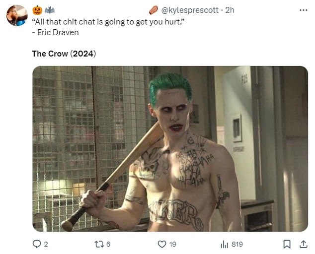 X users (formerly Twitter) have given negative reviews about Eric Draven's appearance and have compared his appearance with The Joker and Peso Pluma