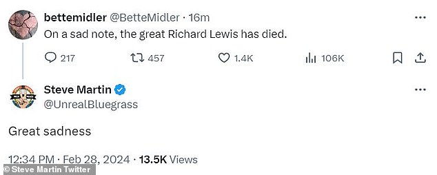 Martin, 78, shared a short post in response to Midler, calling Lewis' death a 