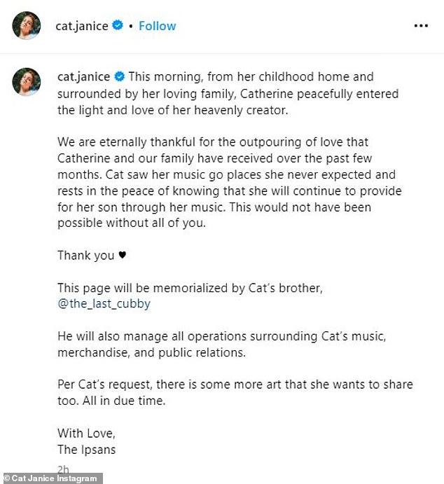 In a statement shared on Instagram, the 31-year-old artist's loved ones revealed that she died at her family home 'surrounded by her loving family'