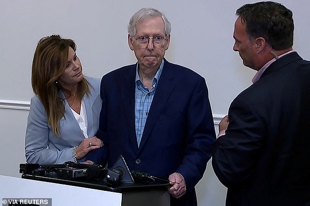 Aides to the Senate Republican leader insist the decision had nothing to do with McConnell's health - despite a series of worrying incidents over the past year, including two freezes.  Pictured: McConnell froze for more than 30 seconds during a public appearance in Kentucky on August 30, 2023, before being escorted off stage