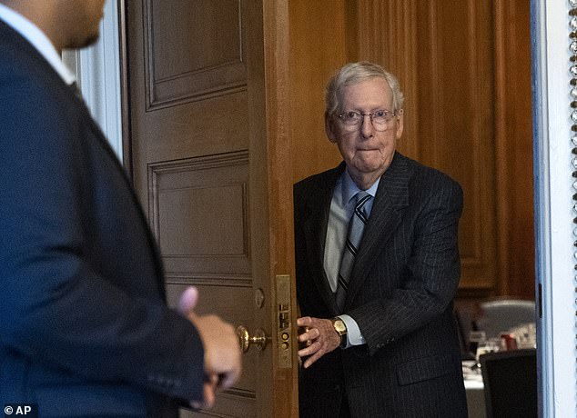 McConnell leaves a Republican luncheon on Wednesday, February 28, 2024, after announcing he will resign as Republican leader in the Senate.  He noted the 