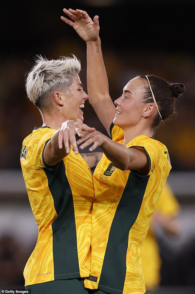 973,000 people watched the Matildas beat Uzbekistan 10-0.  (Photo: Michelle Heyman and Caitlin Foord of the Matildas)