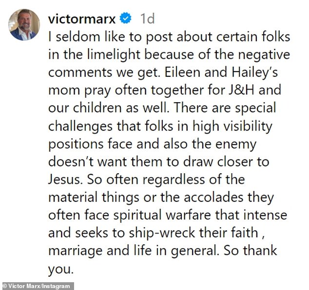 Victor wrote, “There are special challenges that people in high visibility positions face, and also the enemy does not want them to get closer to Jesus.  So often, regardless of the material things or the accolades, they are often faced with a spiritual battle so intense that they want to destroy their faith, their marriage and their life in general.  So thank you'