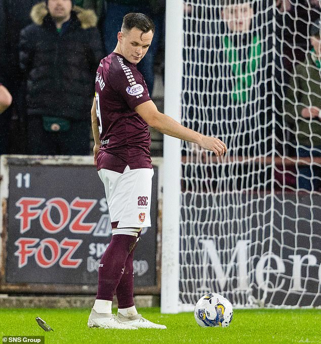 Lawrence Shankland took a penalty at the end of the first half, but numerous missiles were thrown at him, including a bottle opener