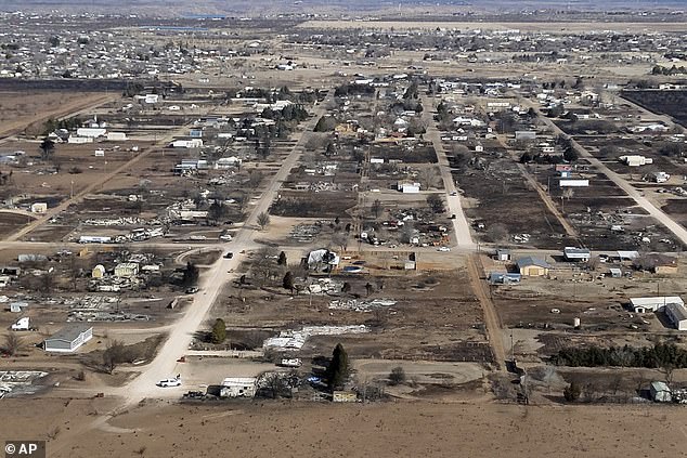 The aerial photo shows the damage in the aftermath of the Texas wildfires