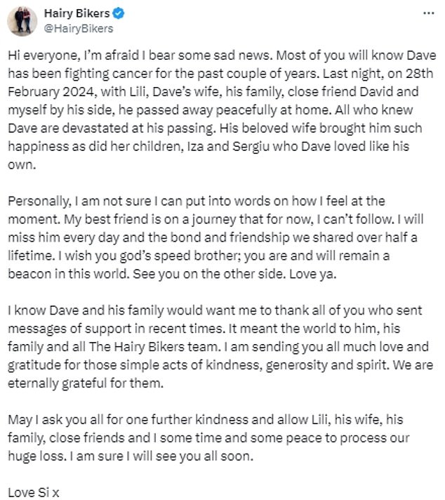 Si announced the sad news in a statement on social media, saying he would miss his friend 