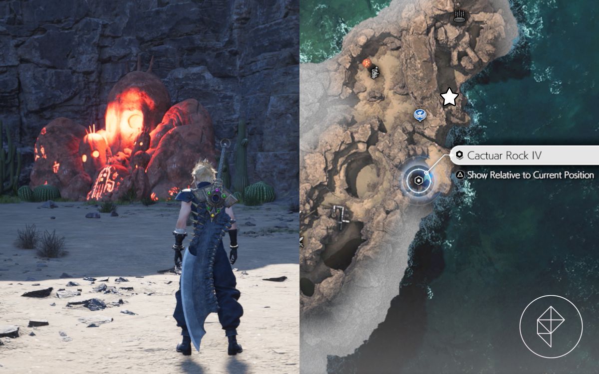 Cloud looks at a red-glowing cactuar rock on the edge of a cliff in FF7 Rebirth.