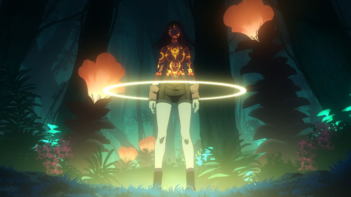 A woman standing in a forest of glowing alien plants, surrounded by a halo of light as intricate circular symbols bathe the upper half of her body in Metallic Rouge.