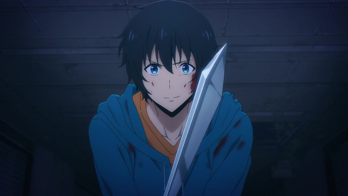 A black-haired anime boy in a blue hoodie with bloodstains on his face, holding a sword in a dark hallway.