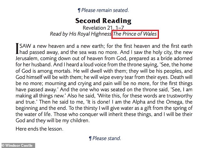 The order of service still shows William's title (highlighted in red by MailOnline), as it was drawn up before he withdrew