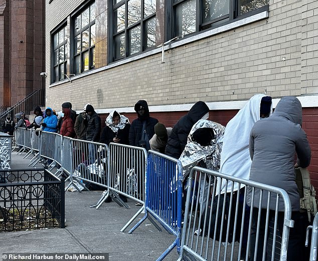 Hundreds of asylum seekers lined 7th Street and Avenue B in Manhattan