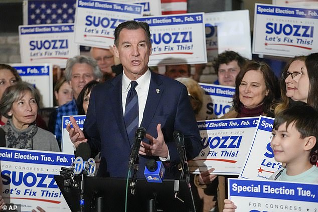 Democrat Tom Suozzi speaks at a campaign event on Sunday, February 11, as he seeks to fill the seat vacated by ex-Congressman George Santos