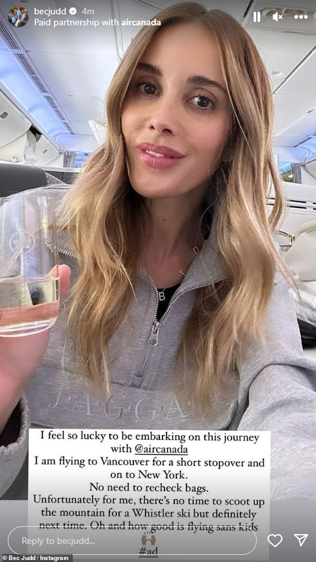 Rebecca Judd gave an insight into her very lavish life as an influencer as she enjoyed another sponsored trip abroad this week.  On Wednesday, the 41-year-old AFL WAG shared photos of herself sitting in business class on an Air Canada flight to Vancouver