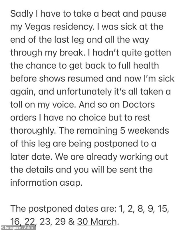 The singer shared the sad news that all ten of her shows in March would be postponed to a later date after she was ordered to rest on 'doctor's orders'.