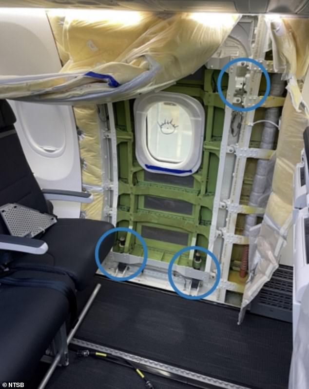 A photo shows three locations (circled) where mounting bolts are missing after the door was removed and then reinstalled during a repair at Boeing's Renton plant.  A fourth location of a suspected missing bolt, top left, is not visible in the photo