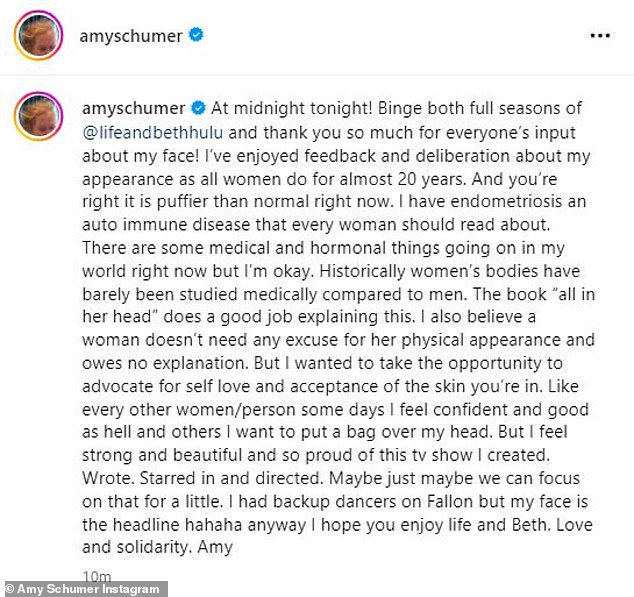 On Instagram, the star detailed her battle with endometriosis and autoimmune diseases, but said she still felt 