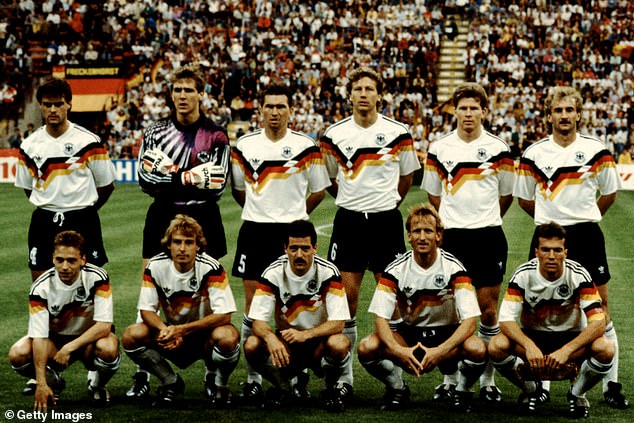 The West German team lines up for the 1990 World Cup final in Rome against Argentina.  Back row (from left to right): Thomas Berthold, Bodo Illgner, Klaus Augenthaler, Guido Buchwald, Pierre Littbarski, Rudi Voller.  Front row (from left to right): Thomas Hassler, Jurgen Klinsmann, Jurgen Kohler, Andreas Brehme, Lothar Matthaus.