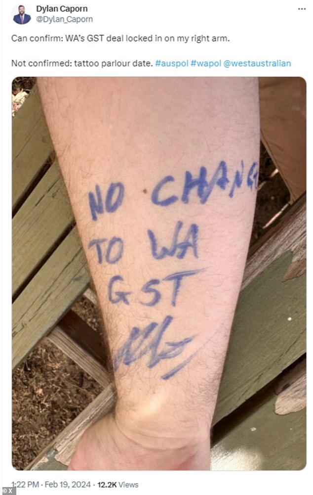 Journalist Dylan Caporn posted a photo on X of his arm signed by Anthony Albanese promising not to change WA's GST rate