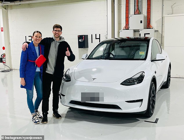 Melbourne man Ryan Cowan and his wife Paige moved to regional Victoria and bought a Telsla (pictured).  The couple upgraded to a Model Y in anticipation of the arrival of their daughter last September