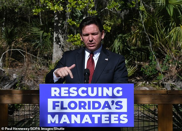 Ron DeSantis is pictured Tuesday in Orange City, Florida, promoting his policies to protect manatees