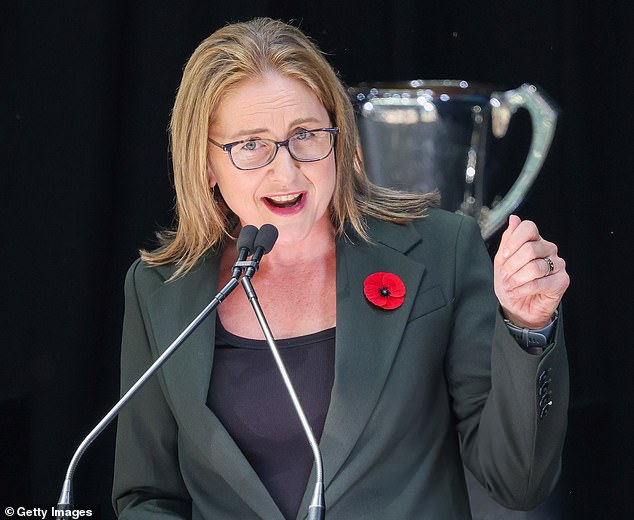 The footy WAG then took a direct swipe at Victorian Premier Jacinta Allan (pictured), accusing her of 'keeping quiet while we wonder if a gang of machete-wielding youths will invade our homes while our children sleep.