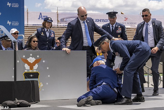 Biden looks back at a sandbag as he is helped off the ground after falling on stage during the Air Force Academy Graduation Ceremony in Colorado Springs, Colorado, on June 1, 2023.