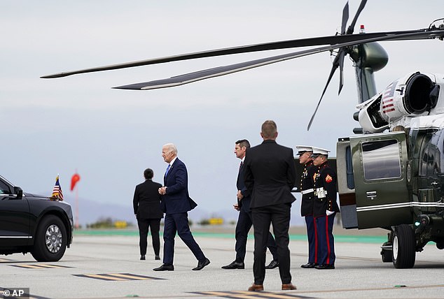 President Biden leaves Marine One to join his motorcade in Santa Monica