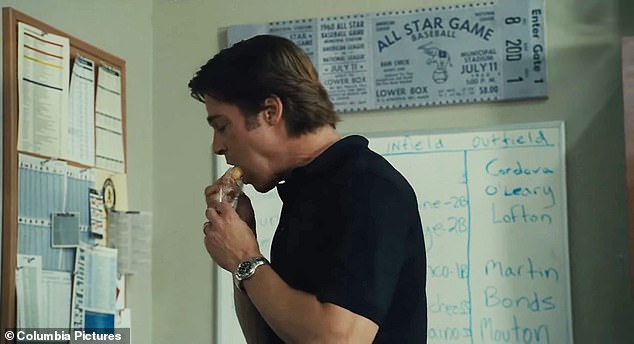 Fans of Brad Pitt have noticed a strange habit in all his films: he often eats too much.  The Hollywood actor is pictured in Moneyball eating a Twinkie