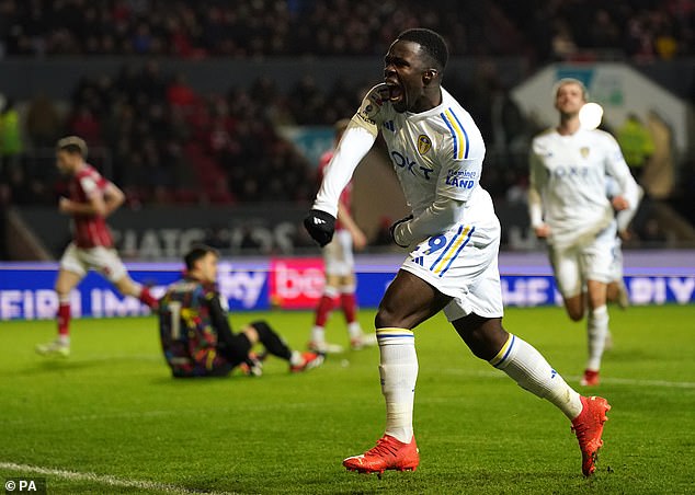 Willy Gnonto celebrates emphatically after giving Leeds United the lead just after half-time