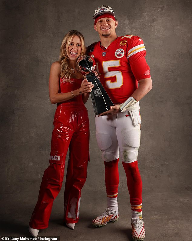 Brittany Mahomes was every bit the supportive woman on Sunday.  The star was seen supporting her husband Patrick Mahomes after he led the Kansas City Chiefs to a Super Bowl LVIII victory at Allegiant Stadium.  Early Monday morning, she posted photos of the two posing with the coveted Super Bowl trophy