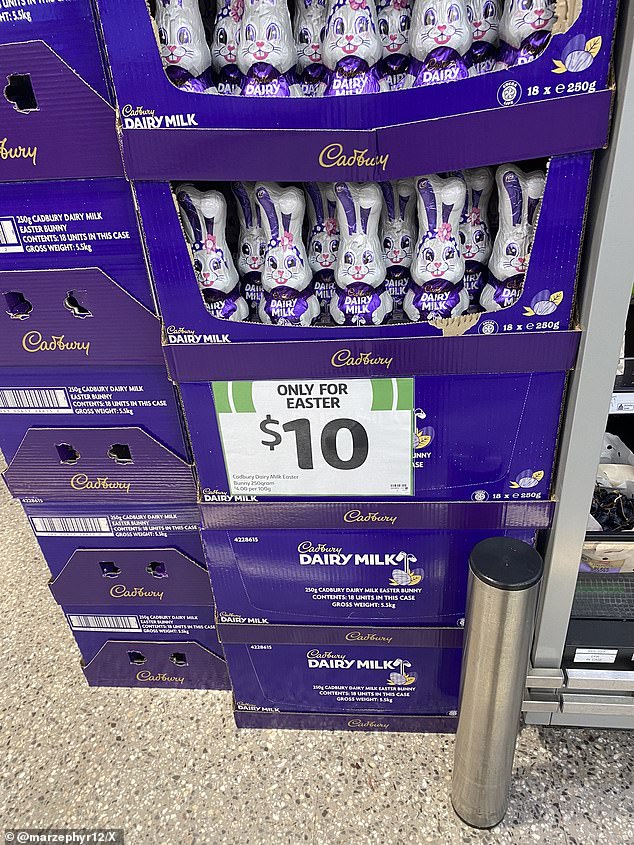 A customer was outraged after seeing 250 grams of Cadbury Dairy Milk Chocolate Easter Bunnies being sold for a whopping $10 (pictured)